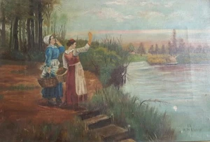 Antigua pintura de paisaje de granja continental primitiva firmada por el siglo XIX - Imagen 1 de 7