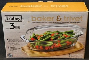 3PC LIBBEY BAKER &TRIVET CLEAR GLASS CASSEROLE SERVING DISH WITHCOVER 1.6 QT - Picture 1 of 11
