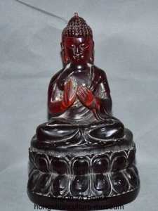 8.6" Old Chinese Buddhism Red Amber Lotus Base Shakyamuni Amitabha Buddha Statue - Picture 1 of 11