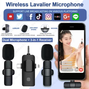 Microfono 3 in 1 Wireless Lavalier Clip Lavero Lav Mic per iPhone Huawei Samsung - Foto 1 di 14