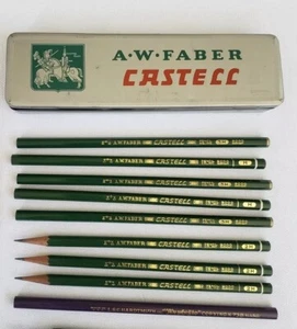 A.W. Faber Castell Metal Case,8 orig pencils, 5 Unused+1 L&C Hardtmuth Mephisto - Picture 1 of 13