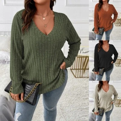 Plus Size Women Ribbed V Neck Tops Tee Ladies Long Sleeve T Shirt Blouse 20-28 - Image 1 of 4