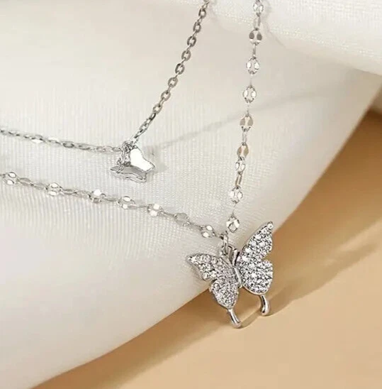 Shiny Butterfly Pendant Necklace Exquisite Double Layer Clavicle Chain Jewelry