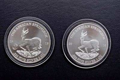 2 x 1 OZ / UNZE - SPRINGBOCK - GABUN -  2015 u. 2016 - Silbermünzen in Kapsel - Bild 1 von 2
