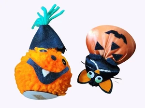 2 Vtg Small Halloween Pompom Pumpkin & Black Cat Jack O Lantern Decor - Picture 1 of 3