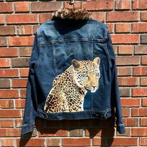 KUT Custom Hand-painted Denim Jacket with Leopard Design Women’s Size L - Picture 1 of 7