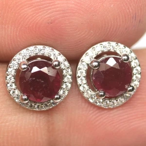 925 Sterling Silver 6 mm. Red Ruby & Cubic Zirconia Jewelry Earrings White Gold - Picture 1 of 4