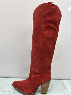 Botas occidentales Dingo Primadonna DI2190 rojas gamuza hasta la rodilla para mujer talla 9,5 M. Foto 1 de 4