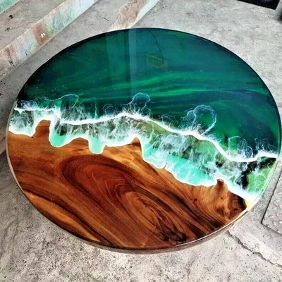 Ocean wave Live Edge Round Walnut Wood Epoxy Resin Table Modern Decorative Table - Image 1 of 4