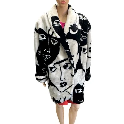 复古 20 世纪 80 年代 Donnybrook 黑白超大人造毛皮大衣毕加索面孔 /CB — 第 1/4 张图片