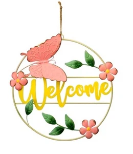 wall art - metal " Welcome" Sign with Flowers and Leafs. 12/13" Diameter. - Picture 1 of 1