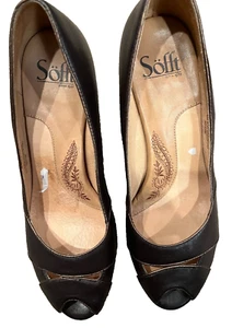Sofft Size 8 M Brown Leather Peep Toe Shoes - Slip On Cushion Pump 3 1/4" Heels - Picture 1 of 5