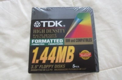 NUEVO PAQUETE SELLADO TDK 3,5 pulgadas 1,44 MB IBM formateado disquetes de alta densidad paquete de 5 Foto 1 de 2
