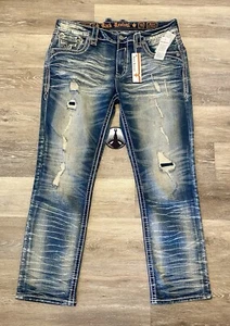 Pantalones de mezclilla con tachuelas Rock Revival Haven Alt rectos desgastados - 38 para hombre nuevos con etiquetas - Imagen 1 de 15