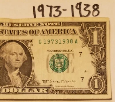 Dual Date Dollar Bill 1938 - 1973 $1 Tombstone Numerically Fancy Serial 2017 G - Image 1 of 4