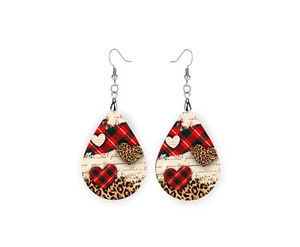 Red Plaid and Leopard Print Hearts Wood Dangle Teardrop Print Earrings Jewelry - Picture 1 of 8