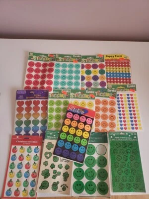 14 Vintage Stickers Smiley Faces Stars Hearts Lisa Frank Style American Greeting - Image 1 of 4