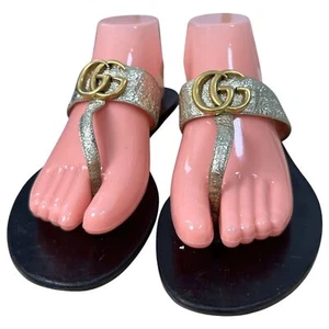 Sandalias Gucci GG Marmont Doradas Metálicas Cuero Correa en T Talla EU 38.5 US 8.5 - Imagen 1 de 13