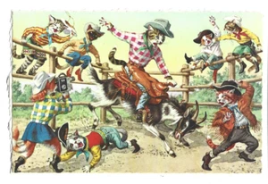 ALFRED MAINZER,HARTUNG DRESSED CATS~RODEO,CAT FILMING CAT RIDING BUCKING GOAT - Picture 1 of 1