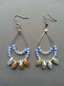 Earrings Handmade Light Blue Crystal Teardrop Double Loop Chandelier Drop Dangle - Picture 1 of 1
