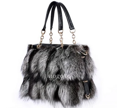 Bolsos de mano de piel de zorro genuinos para mujer de piel de zorro plateados Pathwork de piel real Foto 1 de 4