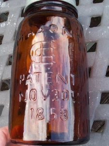 Tarro de conservas de cuarzo de vidrio ámbar vintage de albañiles patente 30 de noviembre de 1858 ~ tiene burbujas - Imagen 1 de 24