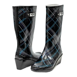Womens Rain Boots Size 11 Plaid Wedge Heel Waterproof Boots Shoes, NEW - Picture 1 of 3