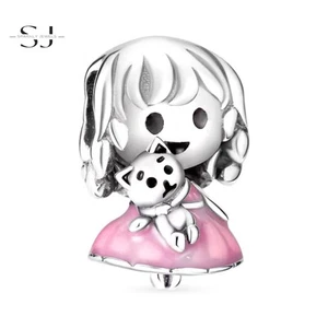 Sterling Silver 925 Cute Girl Holding Teddy Charm Bead for Charms Bracelets - Picture 1 of 3