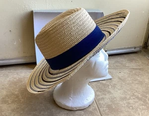 Womans Sun Hat Large Brim Tan & Blue New Classy Beach The Accessory Collection - Picture 1 of 10