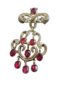 Signed Crown Trifari Gold Tone Chandelier Brooch with RED Rhinestone Drops 3.5” - Picture 1 of 8