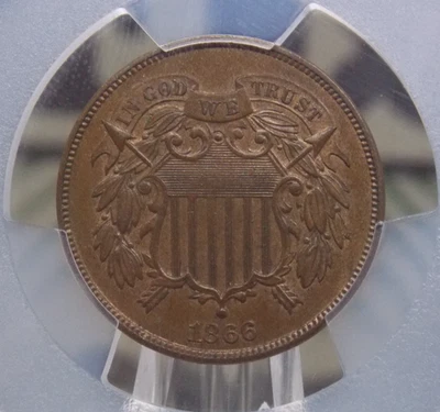 1866 U.S. Two 2 Cent Piece **OBSOLETE** 2c PCGS MS62 BN #820 Uncirculated ECC&C - Image 1 of 4