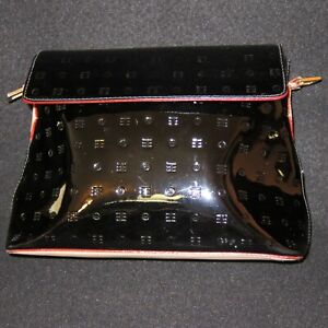 Arcadia Patent Leather Black Purse Messenger Flap Bag Tan Red Trim Missing Strap