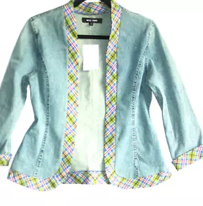 Miss Posh Open Front Jacket Y2K Fashion Plaid Trim L/ Sleeve Denim NWT Size XS - Picture 1 of 12