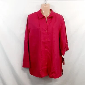 JM Collection Button Up Top Blouse Shirt Women Size 12 Fucsia Linen Collared L/S - Picture 1 of 14