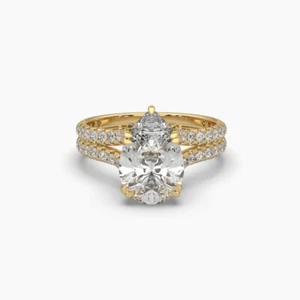 18k Gold 3ct Pear Cut Moissanite Split Shank Double Row Pave Set Engagement Ring - Picture 1 of 20