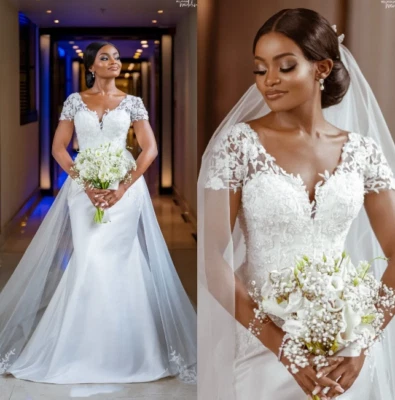 Lace Wedding Dresses White Mermaid Cap Sleeve Bridal Gowns with Detachable Train - Image 1 of 4