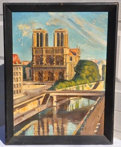 RARO WW2 Militare Prigioniero di Guerra Soldato Dipinto Arte Notre Dame Parigi Francia - Foto 1 di 8