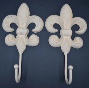 Vtg Distressed 2 Cast Iron FLEUR DE LIS Home Decor Wall Hooks 10 1/4" x 5 1/2" - Picture 1 of 12