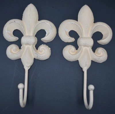 Vtg Distressed 2 Cast Iron FLEUR DE LIS Home Decor Wall Hooks 10 1/4" x 5 1/2" - Image 1 of 4