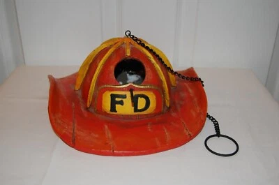 Fireman Helmet Hanging Bird House Feeder Distressed Look Red With Chain RARE - Image 1 of 4