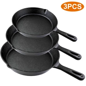3PCS Cast Iron Skillet Set Heavy-Duty Pre-Seasoned Cookware 6/8/10" Frying Pan - Picture 1 of 11
