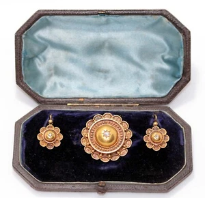SUPERB 15CT GOLD & DIAMOND CANNETILLE ETRUSCAN STYLE BROOCH EARRING SET PARURE - Picture 1 of 24