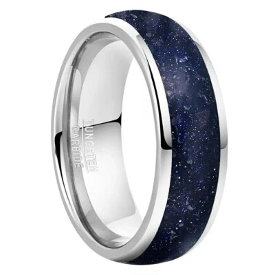 Anillo con incrustación de piedra de arena azul carburo de tungsteno de 8 mm para hombres y mujeres ajuste cómodo Foto 1 de 4