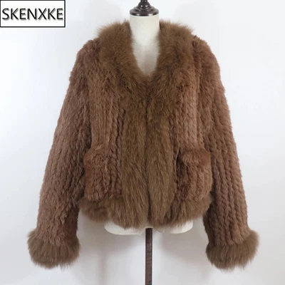 Mujeres Otoño Invierno Tejido Real Piel de Conejo Abrigo Chaqueta con Cuello de Piel Abrigo Foto 1 de 4
