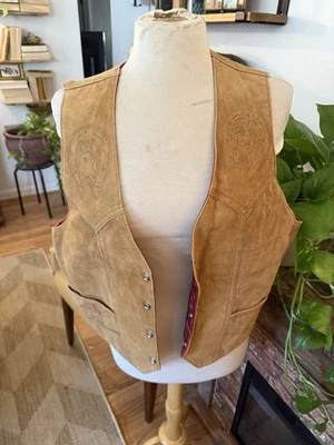 Vintage The Leather Shop Sears L Leather Vest Snap Buttons Horses Western Cowboy - Image 1 of 4