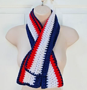 Red White & Blue Crocheted Neck Scarf Vintage 78" long & 4" wide. binCL - Picture 1 of 13