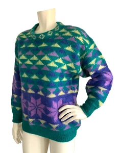 Vtg  Ladies 1980s Gallagher TEAL Mohair Blend Sweater Snowflakes Triangles Sz M - Picture 1 of 10