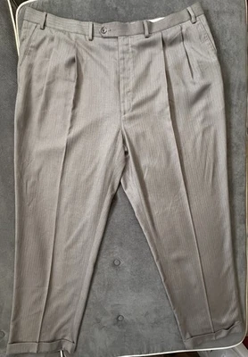 VTG Lauren by Ralph Lauren Tan Grey Dress Pleated Cuffed Pants Herringbone 44x32 - Image 1 of 4