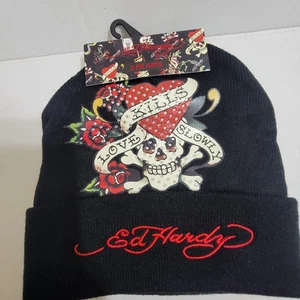Ed Hardy 2-Pk Knit Beanie Hat Skull Love Kills Tiger Y2K One Sz Embroidered NWT  - Picture 1 of 5