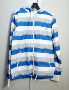Kirra Jacket Mens Small Blue Gray Striped Windbreaker Zip Hooded Lightweight - Picture 1 of 23